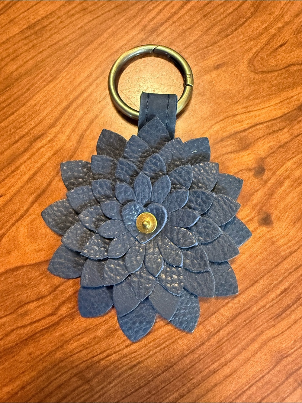 Navy Leather Flower Keyring with Brass Ring